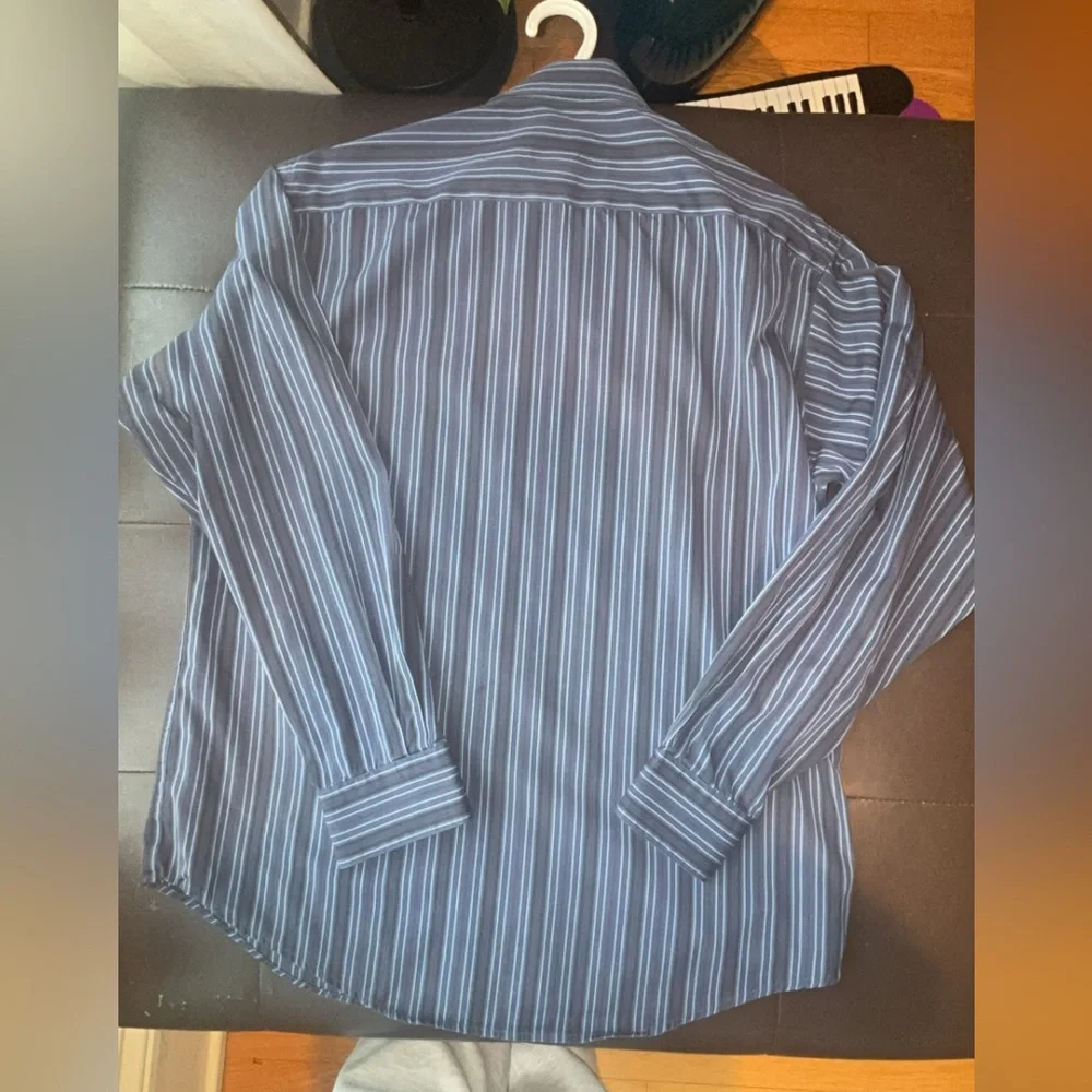 ALFRED SUNG Blue and White Striped Casual Shirt - Picture 3 of 3